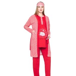 Compleu maternitate, 4 piese, Pijama+ Halat gravide, Baby, True Red, maneca lunga