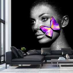 Fototapet Portret Fashion Femeie cu Fluture Violet FPRF2 (Alege materialul: : Autocolant Perete Laminat Mat)