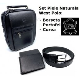 Set cadou barbati WestPolo din piele naturala , borseta, portofel E i curea premium
