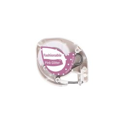 Etichete cu sclipici AIMO compatibile DYMO LetraTag, 12 mm, alb pe roz, pentru cadouri si proiecte creative, Q5-PRE35