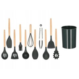 Set ustensile bucatarie, silicon si bambus, grafit, 12 piese, Springos GartenVIP DiyLine
