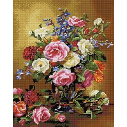 Set goblen cu diamante, cu sasiu, Trandafiri si bujori, 40x50 cm