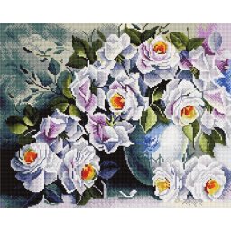Set goblen cu diamante, cu sasiu, Trandafiri albi, 40x50 cm