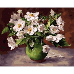 Set pictura pe numere, cu sasiu, Anemone in ulcior verde, 40x50 cm