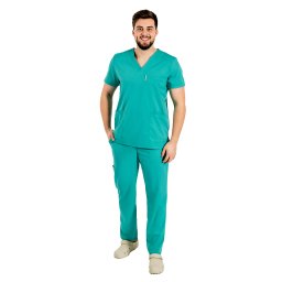 Costum medical stretch barbati verde turcoaz cu bluza in V si pantaloni cu snur si elastic