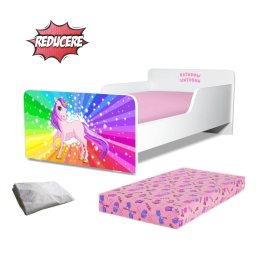 Pat copii Rainbow Unicorn 2-12 ani + saltea 160x80x12 cm + husa impermeabila