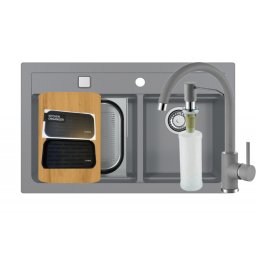 Set chiuveta granit Alveus Atrox 50 G81, baterie Kati G81 + dozator, tocator, sita,all round, organizator, 3010015, reversibila, 79 cm, Gri