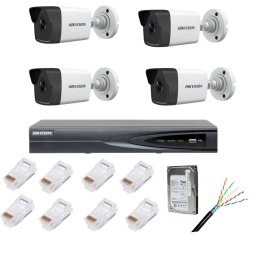 Kit supraveghere complet cu 4 camere IP, 4MP, lentilă 2.8mm, IR 30m, NVR 4 canale IP rezoluție 4k, accesorii