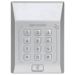 Cititor standalone cu tastatura si card de proximitate Hikvision, DS- K1T801M; suporta cartele MIFARE, Capacitate 3000 cartele, Autentificare: card sau card si parola; Intrari: buton de iesire x1, contact de usa x1; Iesiri: sonerie x1, incuietoare