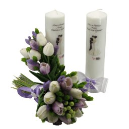 Set 2 lumanari cununie + buchet mireasa, cu flori uscate si de silicon, verde-mov-alb - ILIF302017