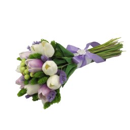 Buchet mireasa/nasa deosebit, flori uscate si de silicon real touch, verde-mov-alb - ILIF302016
