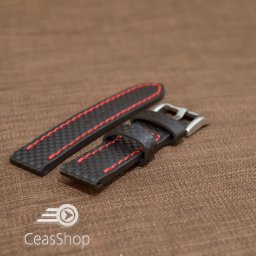 Curea piele fibra carbon neagra cusatura rosie 20mm - 37009