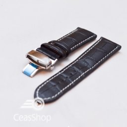 Curea piele vitel captusita deployant cu arc neagra, cusaturi albe 22 mm - 35932