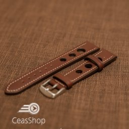 Curea piele GRAND PRIX maro inchis cusaturi albe 18mm - 41958