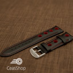 Curea piele GRAND PRIX captusită pe jumătate neagra cusaturi roșii 22mm - 42201
