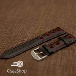 Curea piele GRAND PRIX captusită pe jumătate neagra cusaturi roșii 22mm - 42201