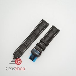 Curea piele vitel captusita negră cu cusătură albă și deployant negru 20 mm