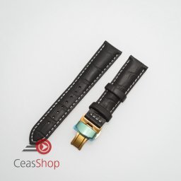 Curea piele vitel captusita negră cu cusătură albă și deployant auriu 18 mm