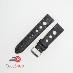 Curea piele GRAND PRIX fibra carbon neagra, cusături portocalii 22mm - 37856