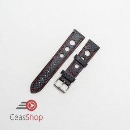 Curea piele GRAND PRIX fibra carbon neagra, cusături roșii 22mm - 37853