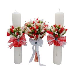 Set 2 lumanari cununie + buchet mireasa, cu flori uscate verde-rosu-alb - FEIS301009