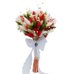Buchet mireasa/nasa din flori uscate, alb-verde-rosu - FEIS301002
