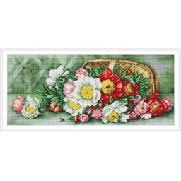 Set goblen de cusut, cu diagrama, Cos rasturnat cu bujori, 51 x 22 cm