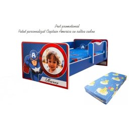 Pat junior personalizat Captain America 160x80 cu saltea cadou 2-12 ani