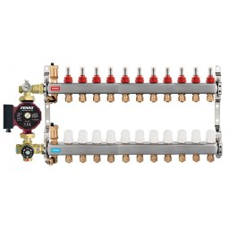 Pachet grup de amestec cu pompa Ferro 25/60, vana termostatica, distribuitor-colector 11 cai cu racord eurocon pentru incalzire in pardoseala