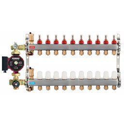Pachet grup de amestec cu pompa Ferro 25/60, vana termostatica, distribuitor-colector 10 cai cu racord eurocon pentru incalzire in pardoseala