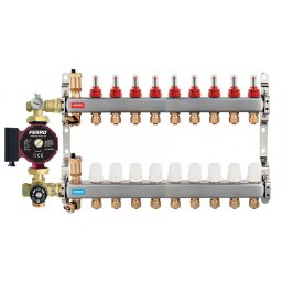 Pachet grup de amestec cu pompa Ferro 25/60, vana termostatica, distribuitor-colector 9 cai cu racord eurocon pentru incalzire in pardoseala