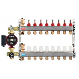 Pachet grup de amestec cu pompa Ferro 25/60, vana termostatica, distribuitor-colector 8 cai cu racord eurocon pentru incalzire in pardoseala