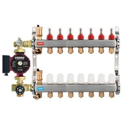 Pachet grup de amestec cu pompa Ferro 25/60, vana termostatica, distribuitor-colector 7 cai cu racord eurocon pentru incalzire in pardoseala