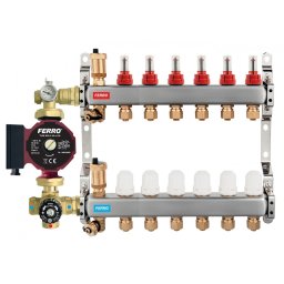 Pachet grup de amestec cu pompa Ferro 25/60, vana termostatica, distribuitor-colector 6 cai cu racord eurocon pentru incalzire in pardoseala