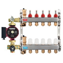Pachet grup de amestec cu pompa Ferro 25/40, vana termostatica, distribuitor-colector 5 cai cu racord eurocon pentru incalzire in pardoseala