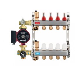 Pachet grup de amestec cu pompa Ferro 25/40, vana termostatica, distribuitor-colector 4 cai cu racord eurocon pentru incalzire in pardoseala