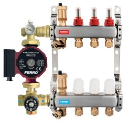 Pachet grup de amestec cu pompa Ferro 25/40, vana termostatica, distribuitor-colector 3 cai cu racord eurocon pentru incalzire in pardoseala