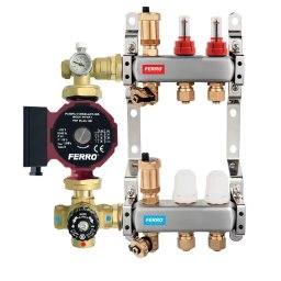Pachet grup de amestec cu pompa Ferro 25/40, vana termostatica, distribuitor-colector 2 cai cu racord eurocon pentru incalzire in pardoseala