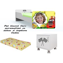 Pat tineret Cars personalizat 140x70 cu saltea 2-8 ani si noptiera cadou