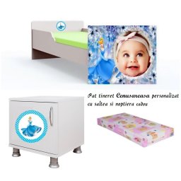 Pat tineret Cenusareasa personalizat 160x80 cu saltea 2-12 ani si noptiera Cadou