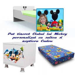 Pat tineret Clubul lui Mickey 160x80 cu saltea 2-12 ani si noptiera Cadou