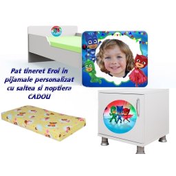 Pat tineret Eroi in pijamale personalizat 160x80 cu saltea 2-12 ani si noptiera Cadou