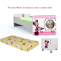 Pat tineret Minnie personalizat 2 160x80 cu saltea 2-12 ani si noptiera cadou