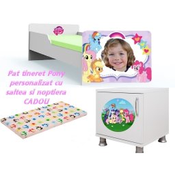 Pat tineret Pony personalizat 160x80 cu saltea 2-12 ani si noptiera Cadou