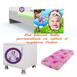 Pat tineret Sofia personalizat 160x80 cu saltea 2-12 ani si noptiera Cadou