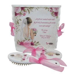 Set gatit mireasa, Roz, personalizat, tavita dantelata, 3 piese - ALIF302042