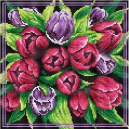 Set goblen cu diamante, cu sasiu, Buchet de lalele, 30x30 cm
