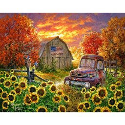 Set pictura pe numere, cu sasiu, Floarea soarelui in fata hambarului, 40x50 cm