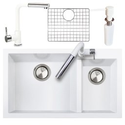 Set complet Chiuveta bucatarie granit 2 cuve CookingAid Cube ON8620 alb polar