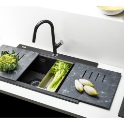 Chiuveta bucatarie granit dubla cu 2 cuve CookingAid Kinga LX8620 Neagra Black Metal quartz+baterie si 7 accesorii